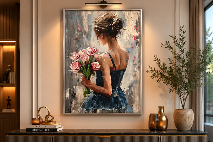 تابلو دکوراتیو چهره دختر با گل رز برجسته و سبک مدرن روی بوم 40*60